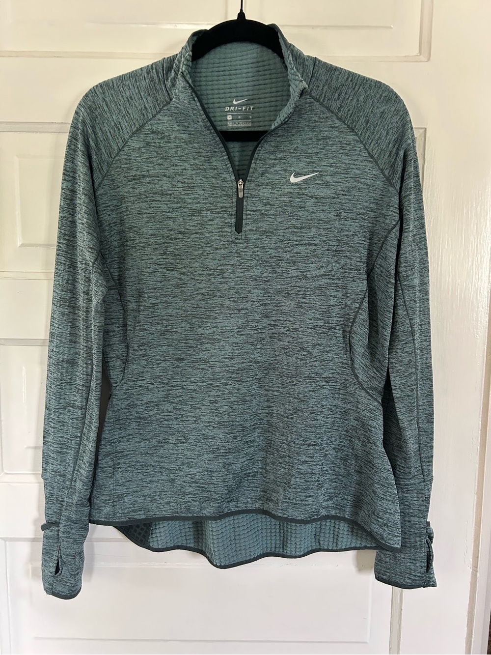 Nike Women’s Dri-FIT Heathered Teal 1/4 Zip Pullover, Hand Covers, Pocket. Med